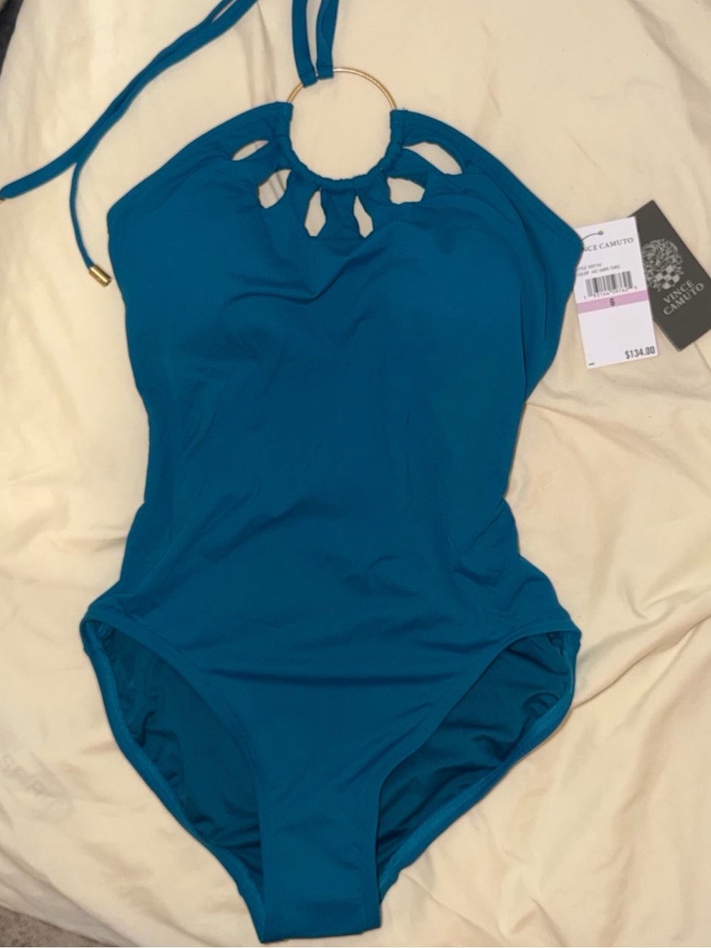Vince Camuto Teal Halter One-Piece Swimsuit with Gold Ring